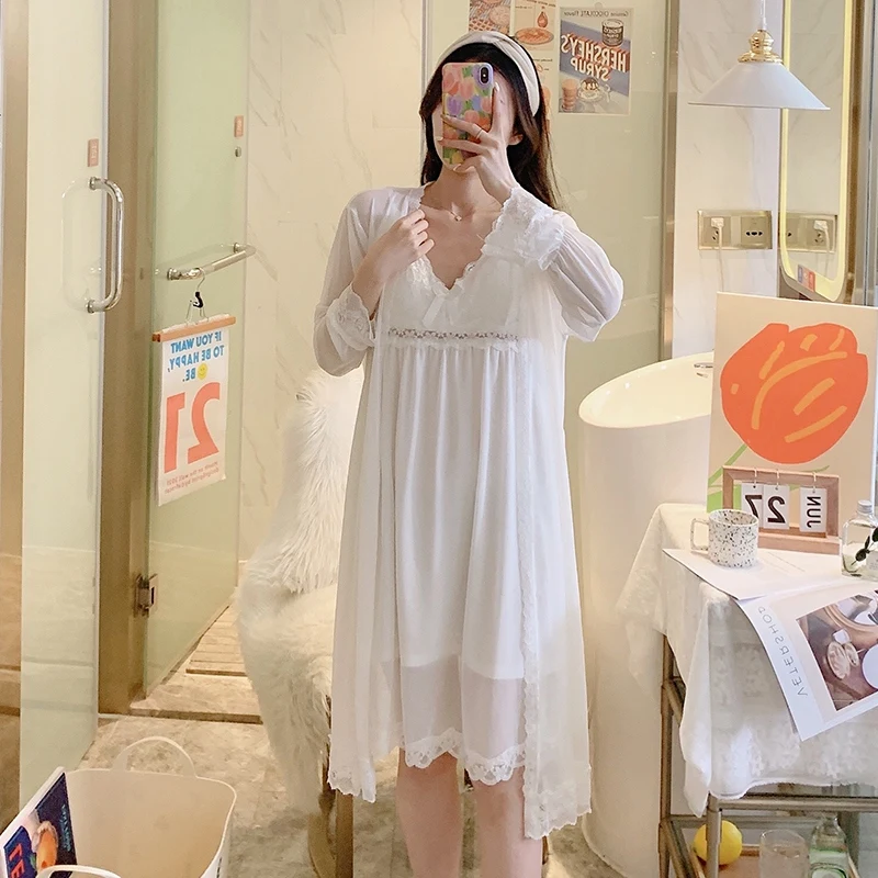 Женское кружевное ночное белье из модала комплект 2 предметов для осени 2024