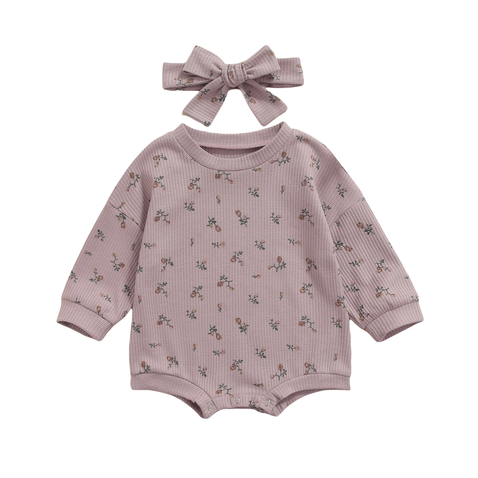 

Infant Long Sleeve Romper Bow Headband Flower Print Classic Round Neck Spring Clothing