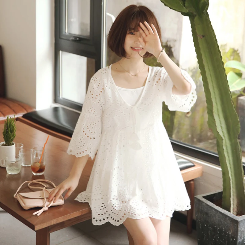 Spring Summer Hollow-out Embroidery Dress Women Two Pieces Solid Colro Flars Sleeve Cotton And Linen Condole Belt Two Suit U397