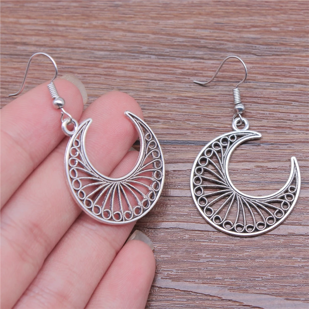 Старинные антикварные серебряные Цвет 30x34 мм полые серьга в форме Луны разъем