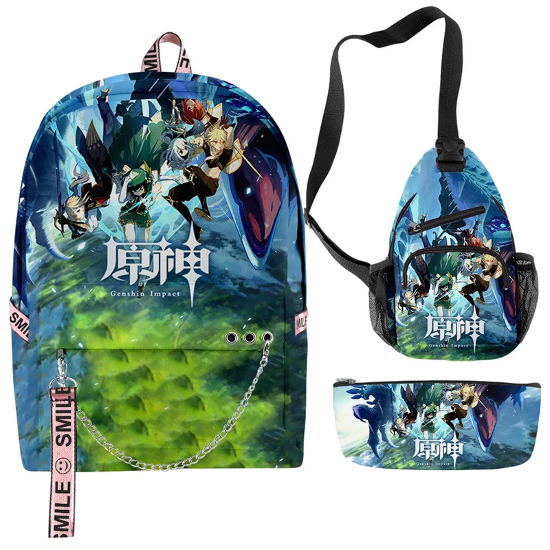 

Creative Fashion Funny Genshin Impact 3D Print 3pcs/Set Student School Bags multifunction Travel Backpack Chest Bag Pencil Case