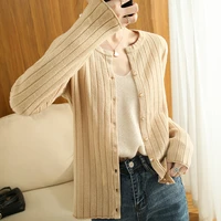 2022 autumn and winter new round neck knitted cardigan womens 100 pure wool pit strip loose sweater cashmere base coat