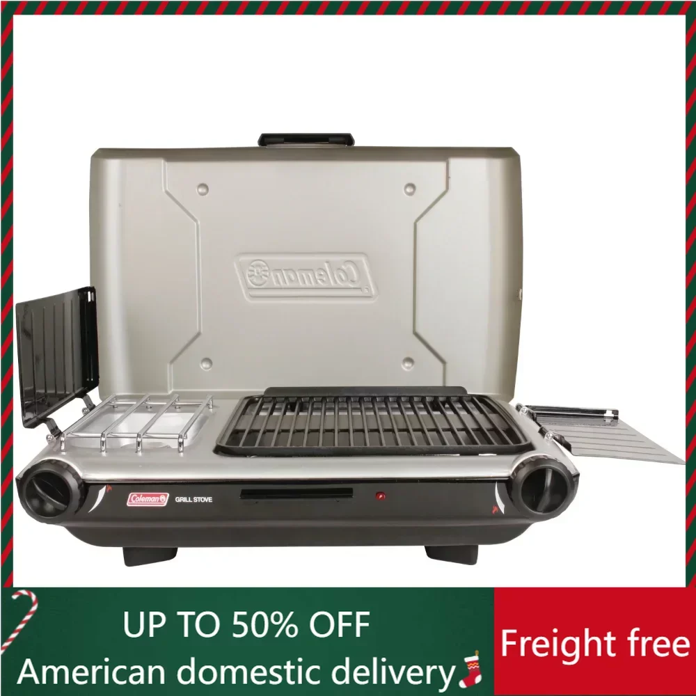 

Уличные принадлежности для кемпинга, плита для пикника, принадлежности для готовки, пропановый газ для кемпинга, 2-в-1 гриль/плита, 2 горелки, бесплатная доставка