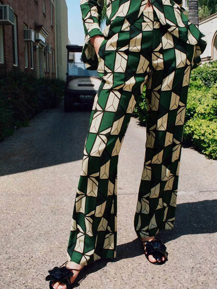 

Kumsvag 2022 Summer Women Flare Pants Fashion Print Zipper Full Length Boot Cut Pant Female Street Satin Trousers Clothing