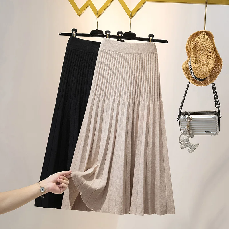 

Женская длинная юбка с высокой талией, черно-бежевая вязаная элегантная юбка в Корейском стиле, в стиле Харадзюку, весна-осень-зима 2022