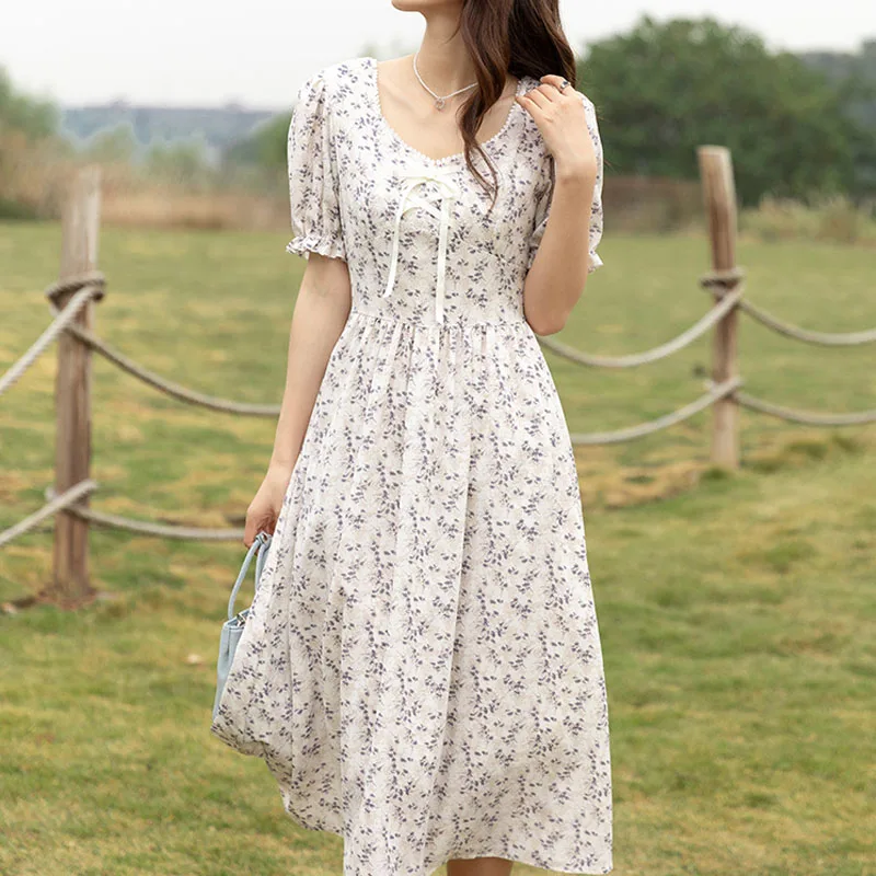 

Summer Puff Sleeve V Neck Chiffon Dresses for Women Casual Beach Floral Party Dress Elegant A Line Long Dress Woman Robe 25496