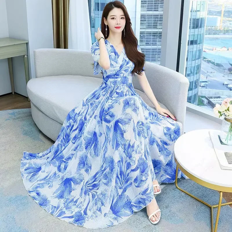 2024 новое летнее женское платье средней длины утягивающая талия большая юбка