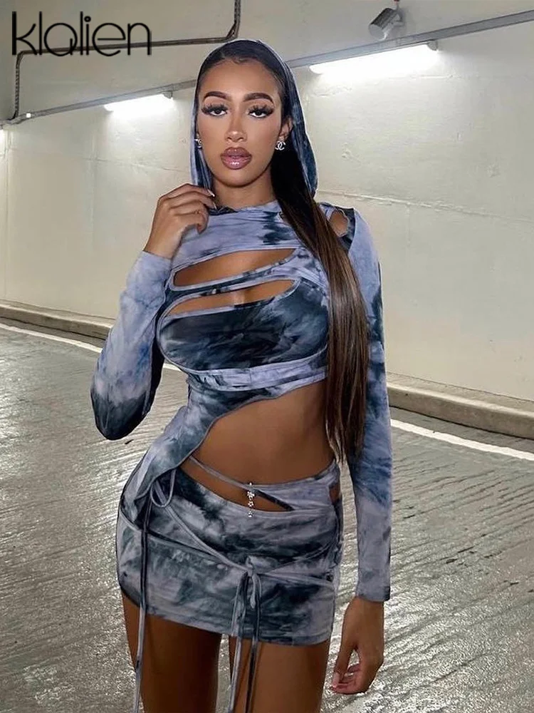

Женский комплект из топа и юбки KLALIEN, асимметричный кроп-топ с длинным рукавом и капюшоном и мини-юбка со шнуровкой, Женский клубный комплект из 2 предметов