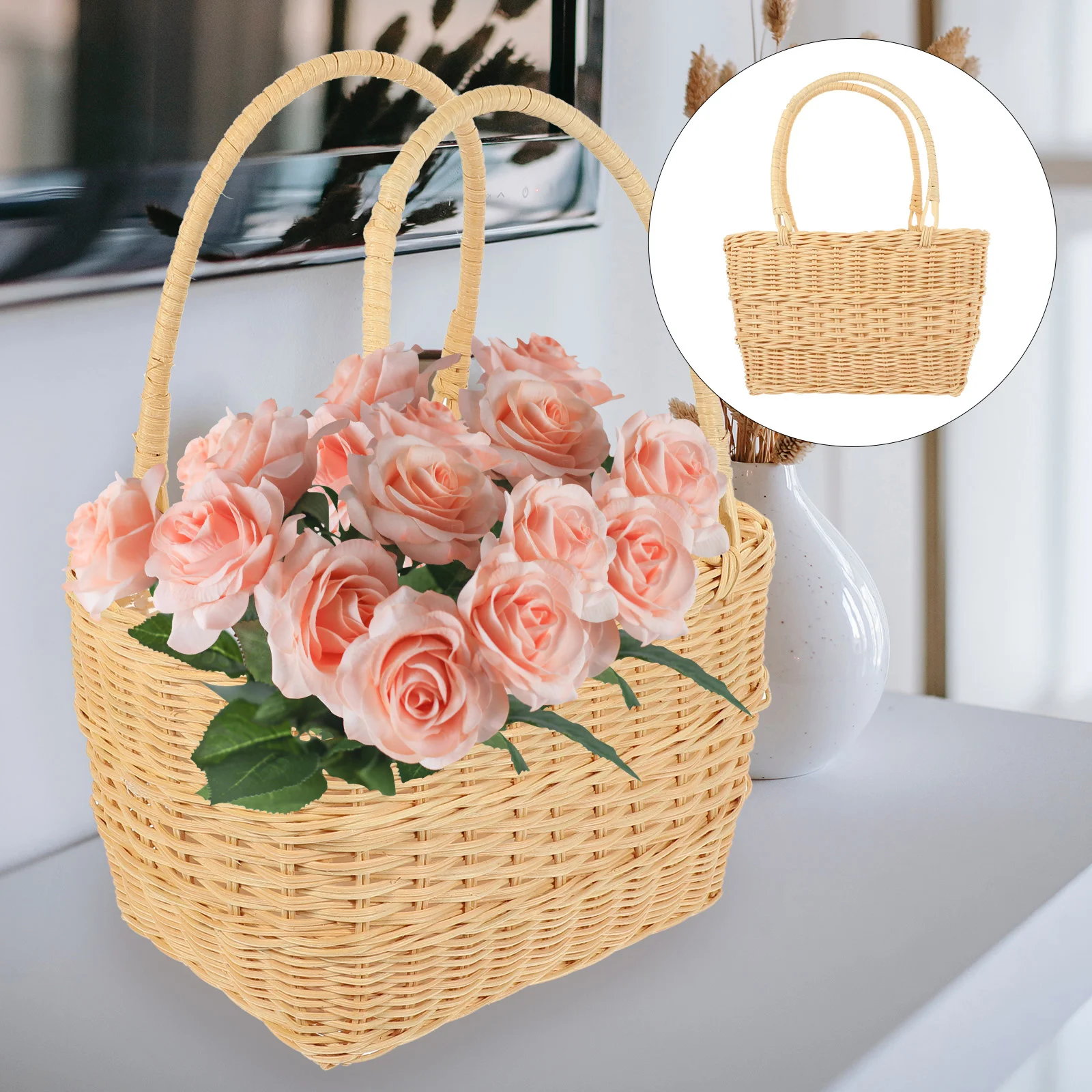 

Basket Flower Woven Wicker Rattan Straw Hanging Storage Beach Market Pot Baskets Handle Picnic Gift African Girl Tote Bolga