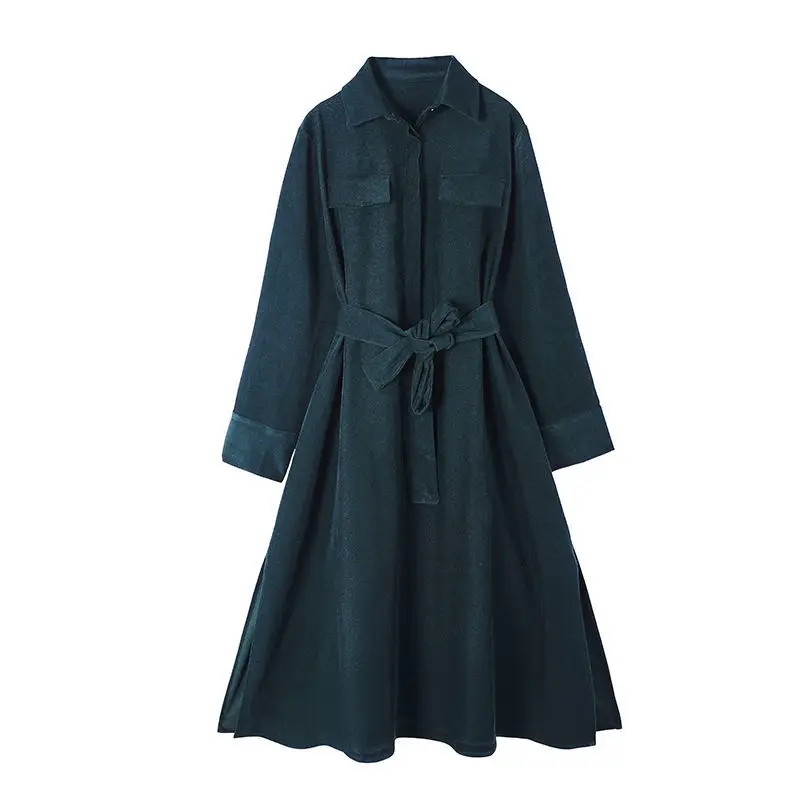 

2022 Autumn and Winter New Corduroy Long-sleeved Dress Women French Waist and Thin Temperament Bellflower Long Skirt Dress