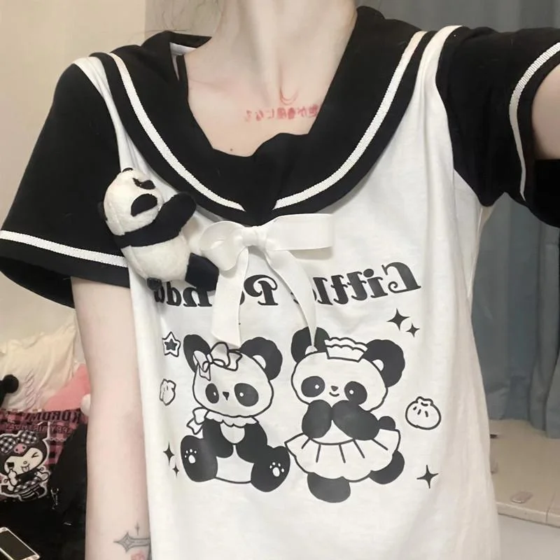 

Japan Style Cartoon Panda Print Summer Sailor Collar Tees Short Sleeve Kawaii Camisetas Y2k Women White Harajuku Slim Tshirts