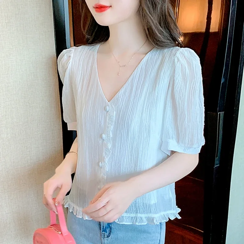 Модные шифоновые рубашки лето 2024 женские корейские топы с v-образным вырезом