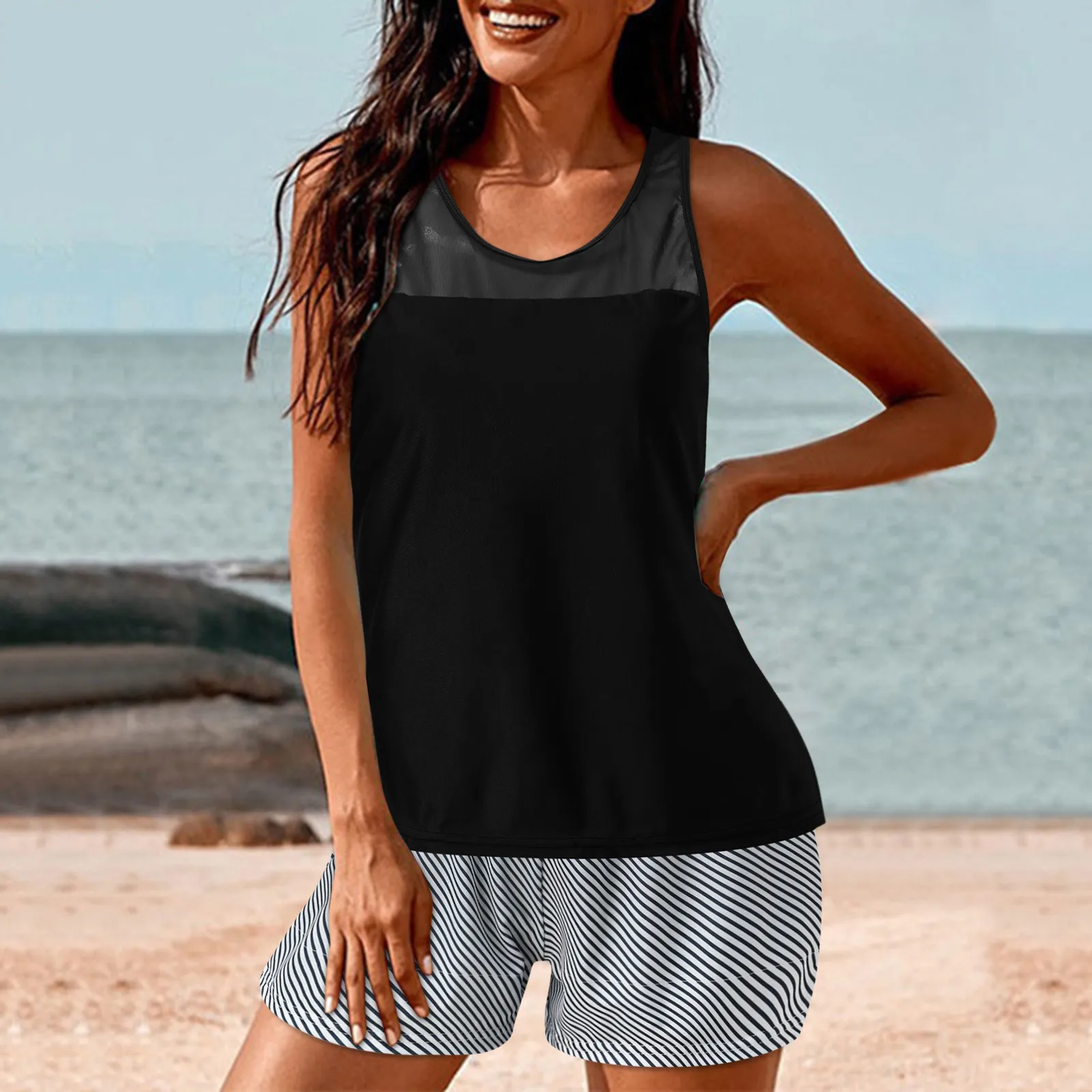 

Women'S Solid Color Splicing Mesh Split Swimsuit Women'S Double Shoulder Round Neck Two Piece Swimsuit 2023 Beach Wear For Women