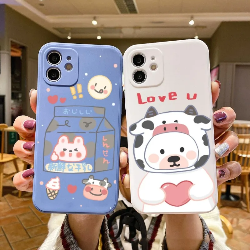 

Симпатичный чехол из коровьей кожи для IPhone 14 11 12 13 Pro Max X XR XSMax 6 6S 7 8 Plus SE 2022, Мягкий Квадратный цветной чехол для телефона