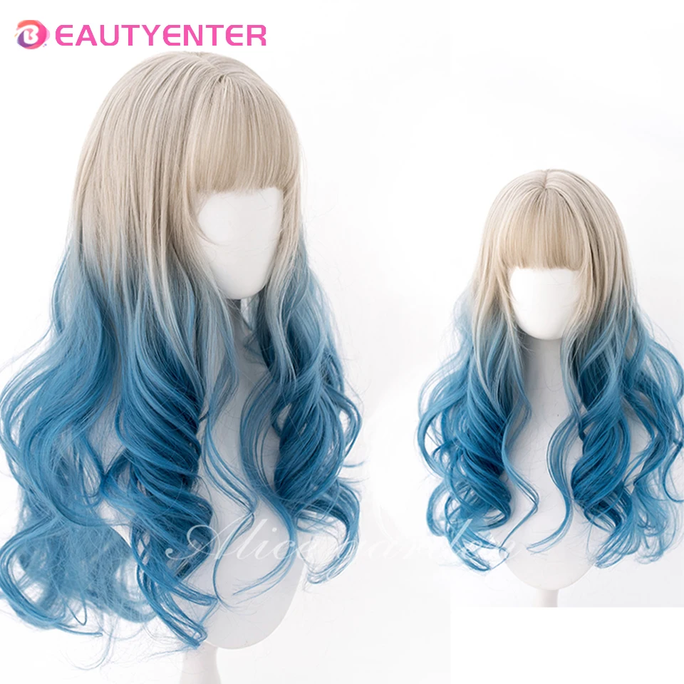 

BEAUTYENTER Synthetic WIGS Long Wavy Curly Beige Blue Gradient Wigs Synthetic Blend Wigs With Fluffy Bangs For Women's Daily