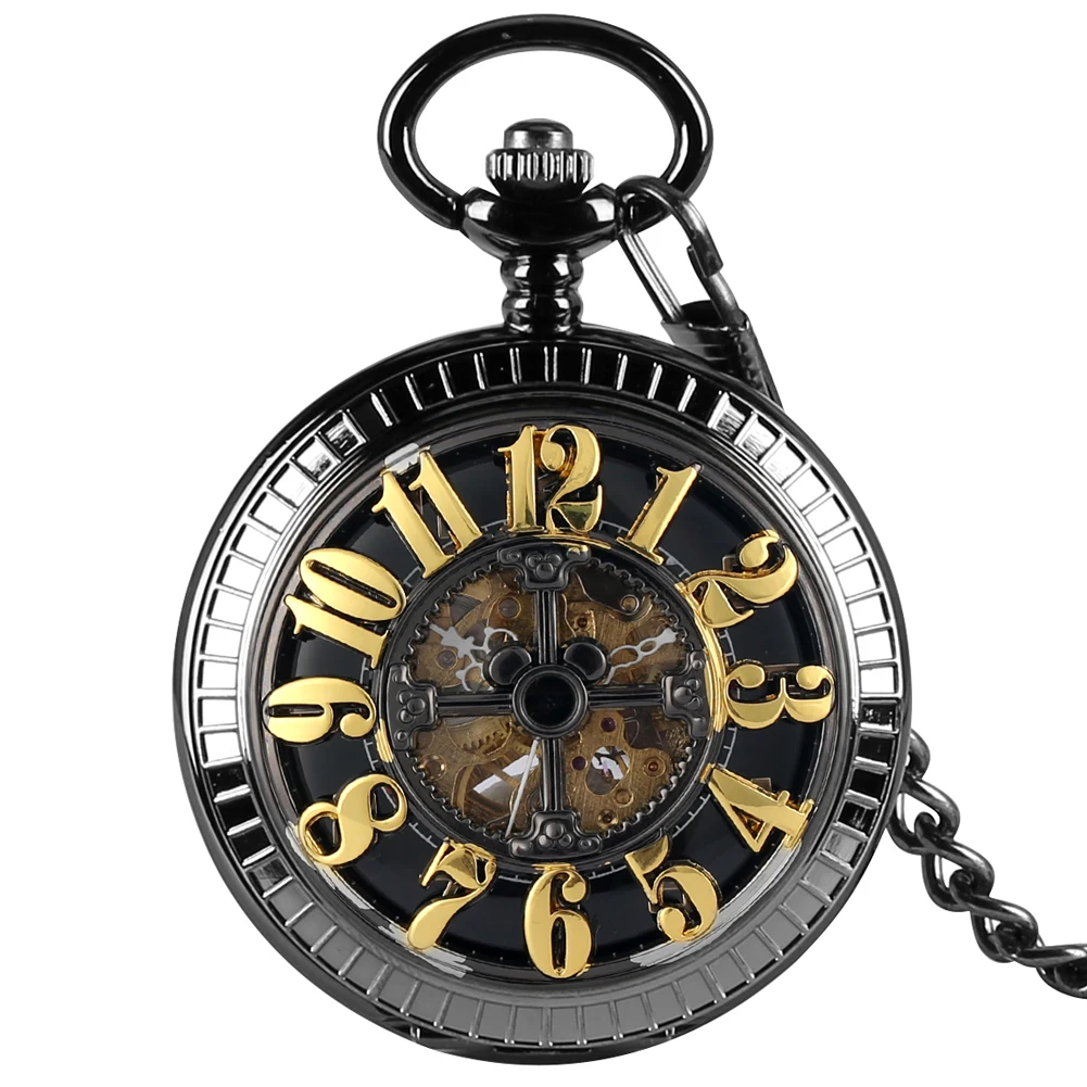

Gold Arabic Numerals Hollow Cover Automatic Mechanical Pocket Watch Steampunk Black Fob Chain Pendant Men Antique Clock