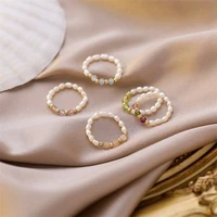 cute multi beaded imitation pearl colorful crystal adjustable rope chain rings for women continuous circle minimalist ring