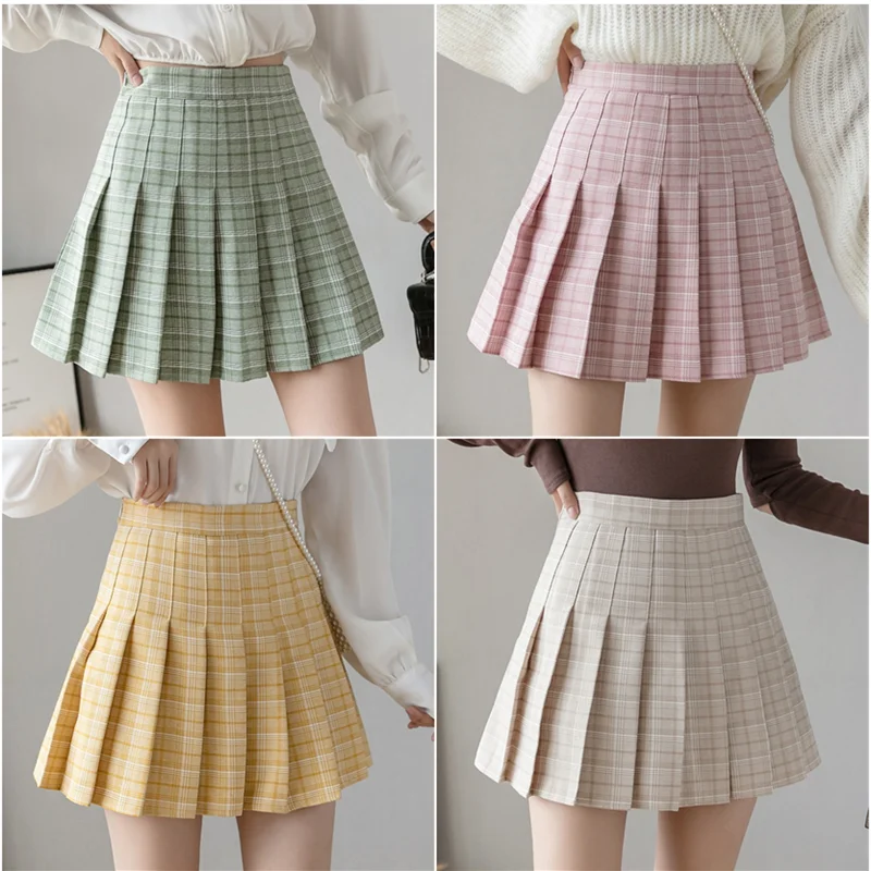Green Women Skirts High Waist Female Pleated Skirt Summer Harajuku Ladies Girls Plaid Mini Skirt Sweet Kawaii Woman Short Skirts