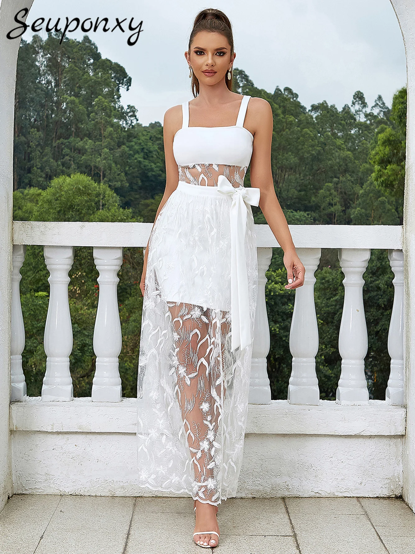 High Quality White Sexy Sleeveless Lace Up Bow Lace Maxi Dress 2023 Summer Women's Elegant Celebrity Party Club Dress Vestidos