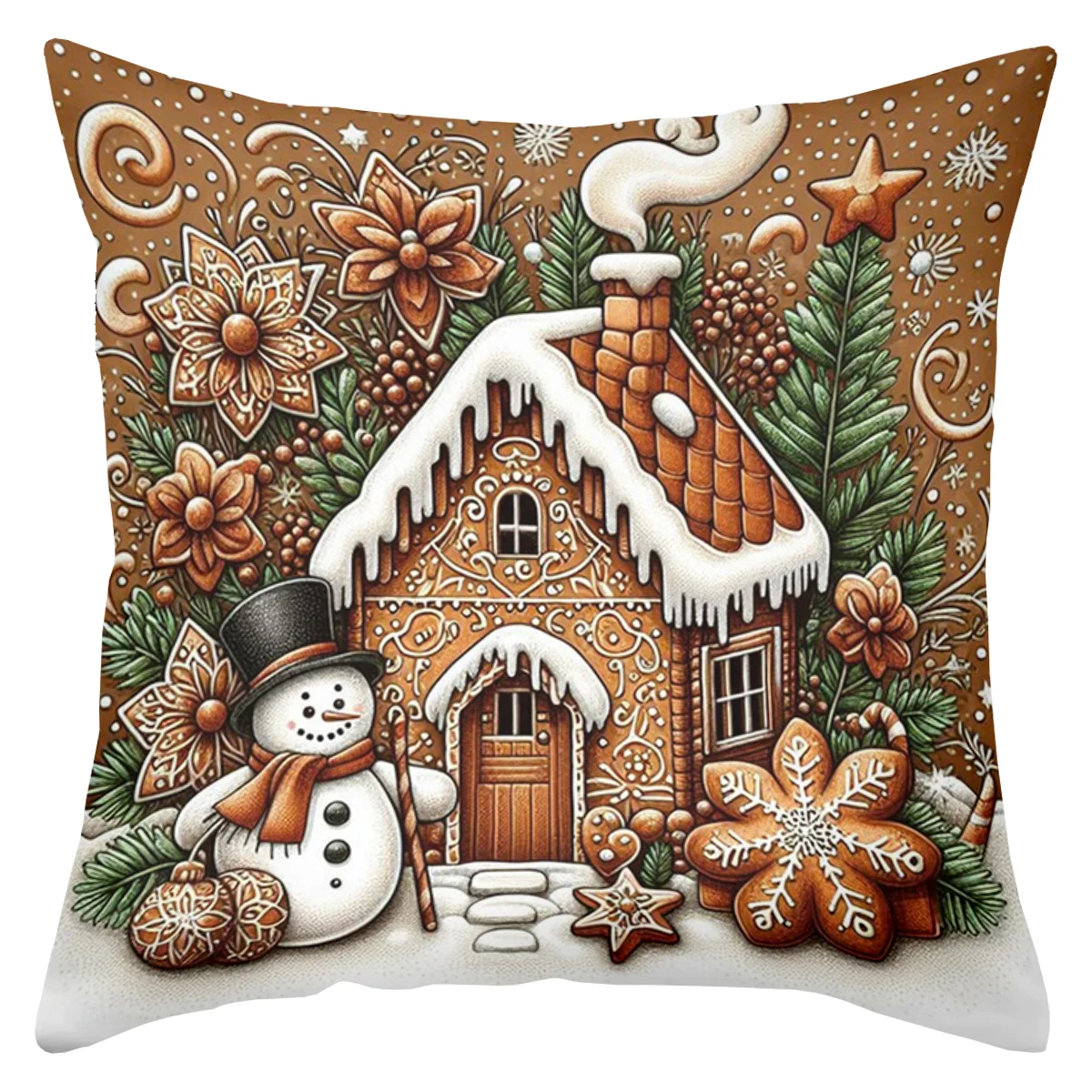 

Полиэстерная наволочка Рождественский пряничный домик Снеговик
