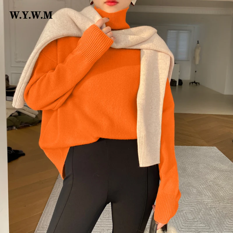 WYWM Basic Turtle Neck Knitted Sweater Women Winter Elegant Thick Warm Pullovers Ladies Loose Casual Knitwear Female Jumper