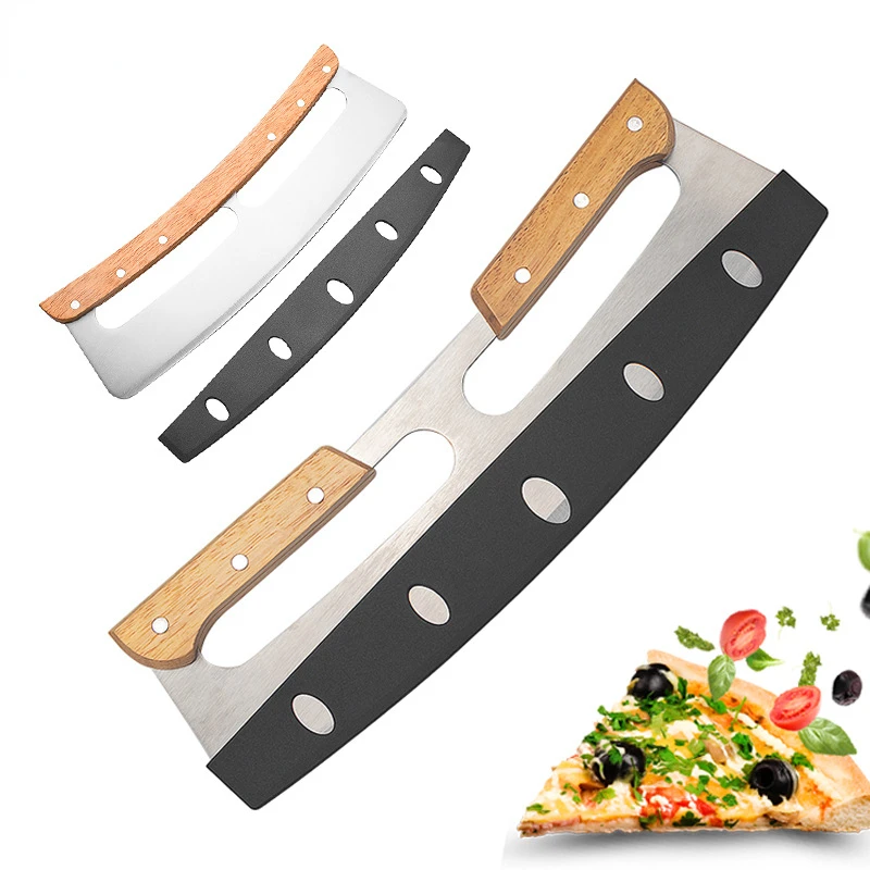

Stainless Steel Wooden Handles Pizza Cutter Home Gadgets Blade With Cover Pizza Rocking Cutter Tools Knife Kitchen Accessories