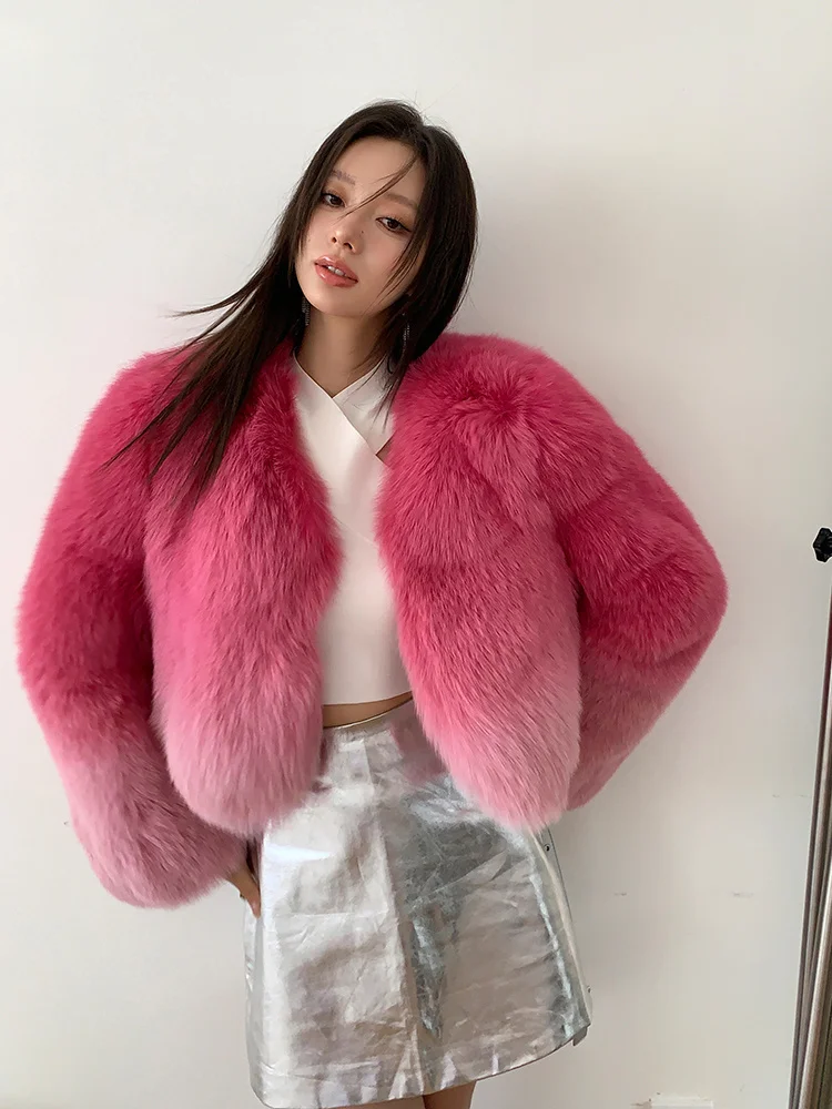 

Luxury Women Real Coat Short Fashion High-quality Gradient Color Natural Fox Fur Fluffy Warm Winter Jackets manteau