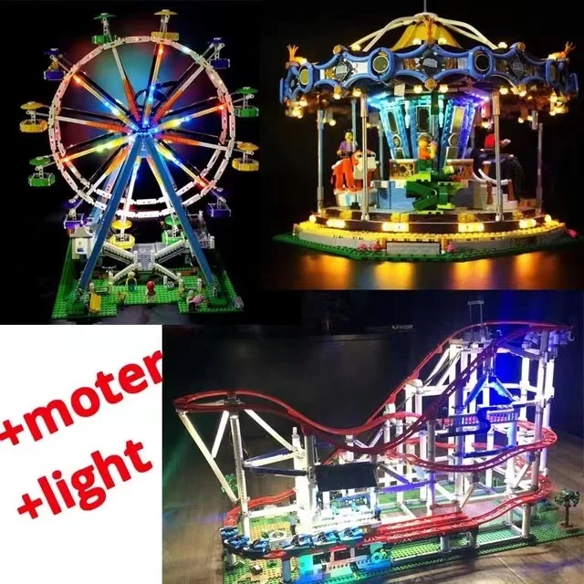 

Building Blocks Brick Toys Ferris Wheel Street Carousel Roller Coaster 10247 10257 10261 Motor Led Light 15039 15036 15012