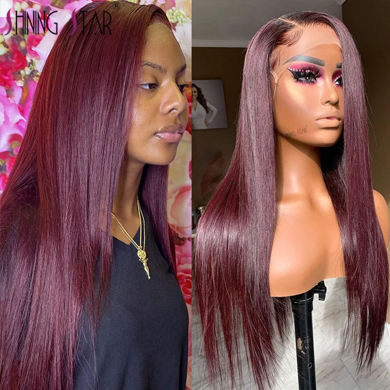 Burgundy Red Human Hair 13x4 Lace Frontal Wigs Pre-Plucked Malaysia Straight Transparent Lace Front Human Hair Wigs  For Women