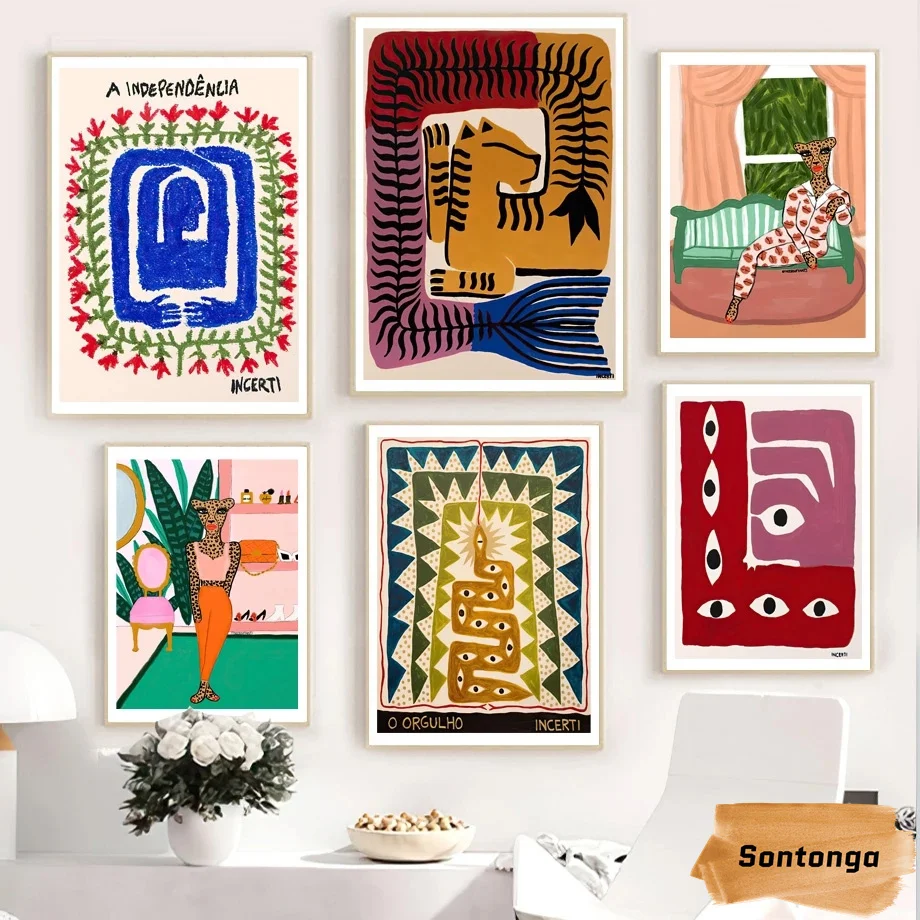 Абстрактный ретро постер в древнем скандинавском стиле Женский мультяшный