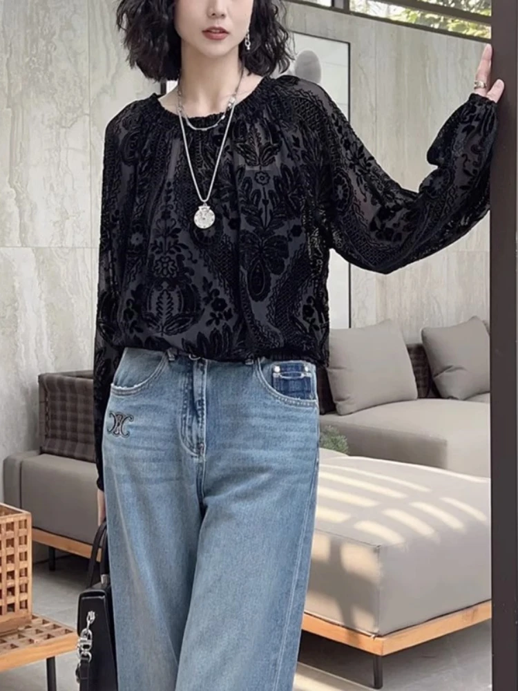 High-End Versatile Black Temperament Shirts Women 2024 Autumn New Plus size Chubby Girl Slimming Fashion Top