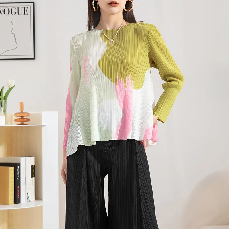 

Miyake Pleated T Shirt Women 2023 Early Spring New Ink Printing O-neck Long Sleeve Loose Plus Size Comfort Large Swing Tops