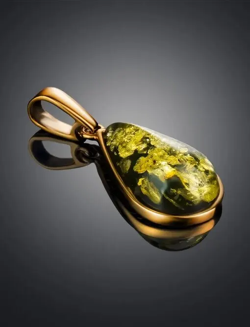 Pendant water drop gold plated silver and green amber &quotimpulse&quot pendant Amber Silver natural | Pendants
