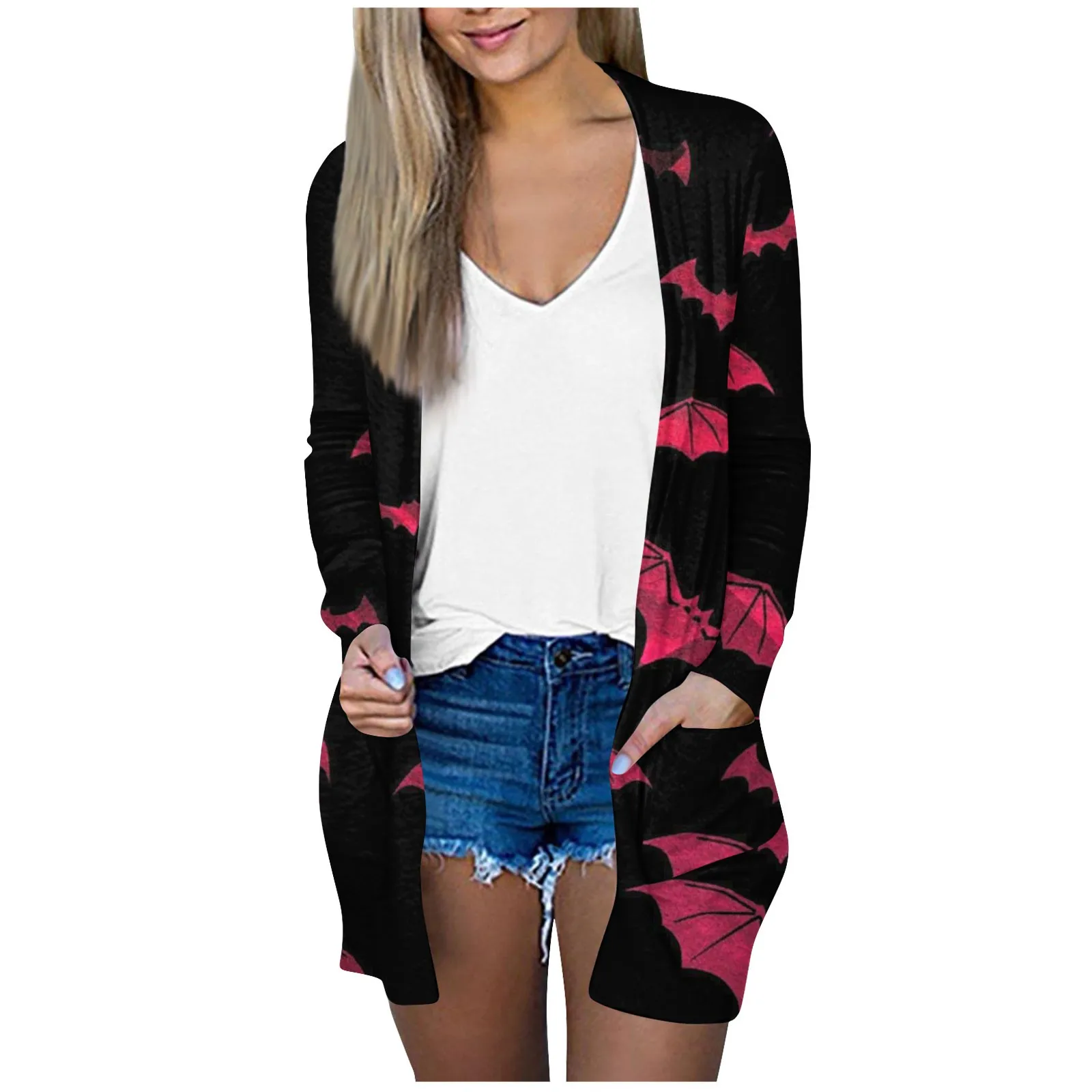 

Cardigan For Women Halloween Casual Tops Bat Print Coat Mid Length Cardigans For Women Autumn Female Clothes Streetear