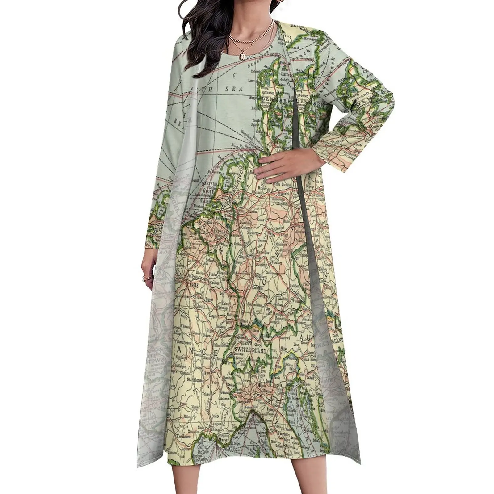 

Europe Map Dress Vintage Print Elegant Maxi Dress Street Wear Casual Long Dresses Female Two-Piece Design Big Size Clothes