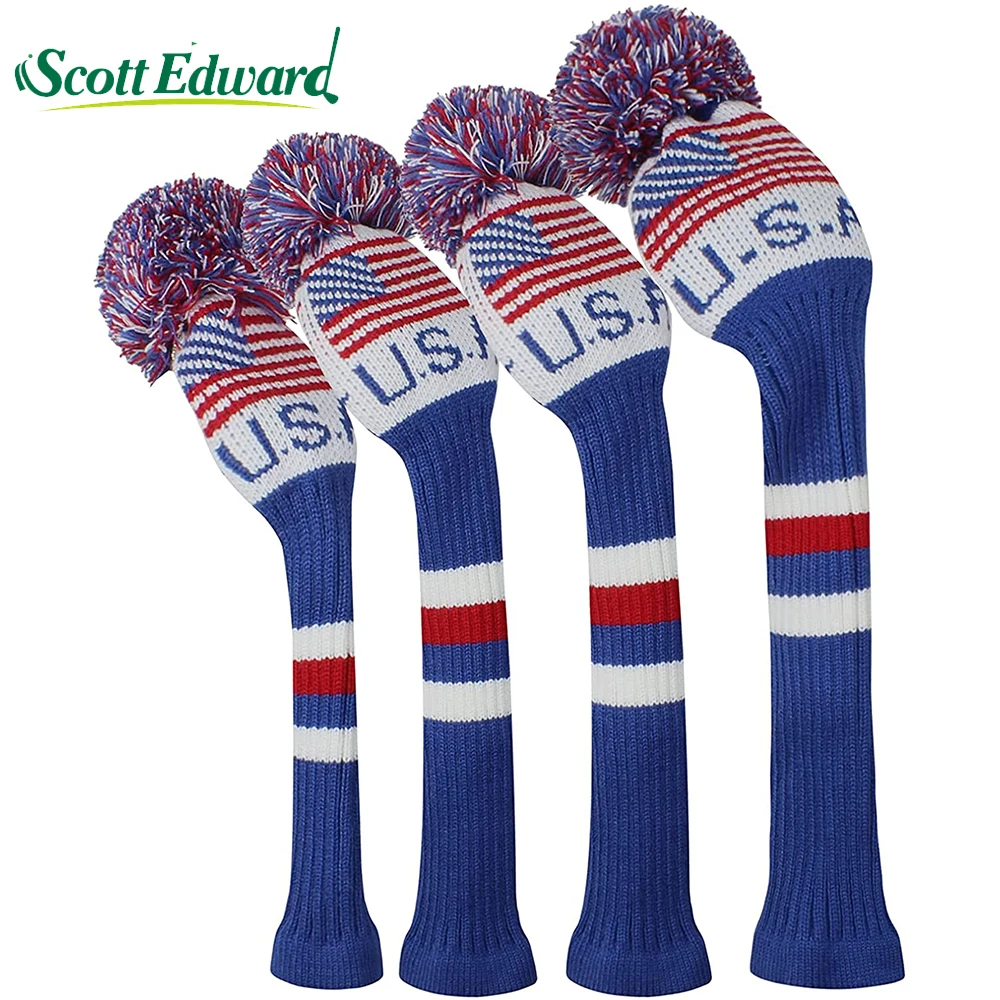 4pcs/set USA Golf Club Wood Headcover Driver Fairway Hybrid Knitted Cover With Number Protector Golf Accessories