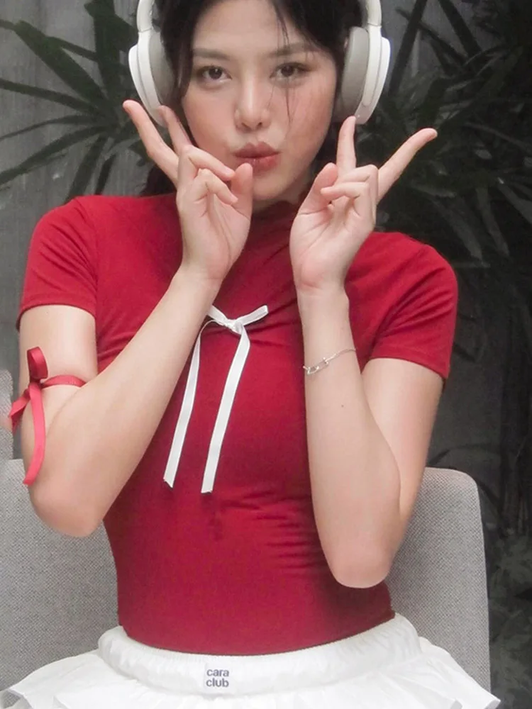 Красная футболка Y2K одежда для женщин летние облегающие топы с милым бантом и