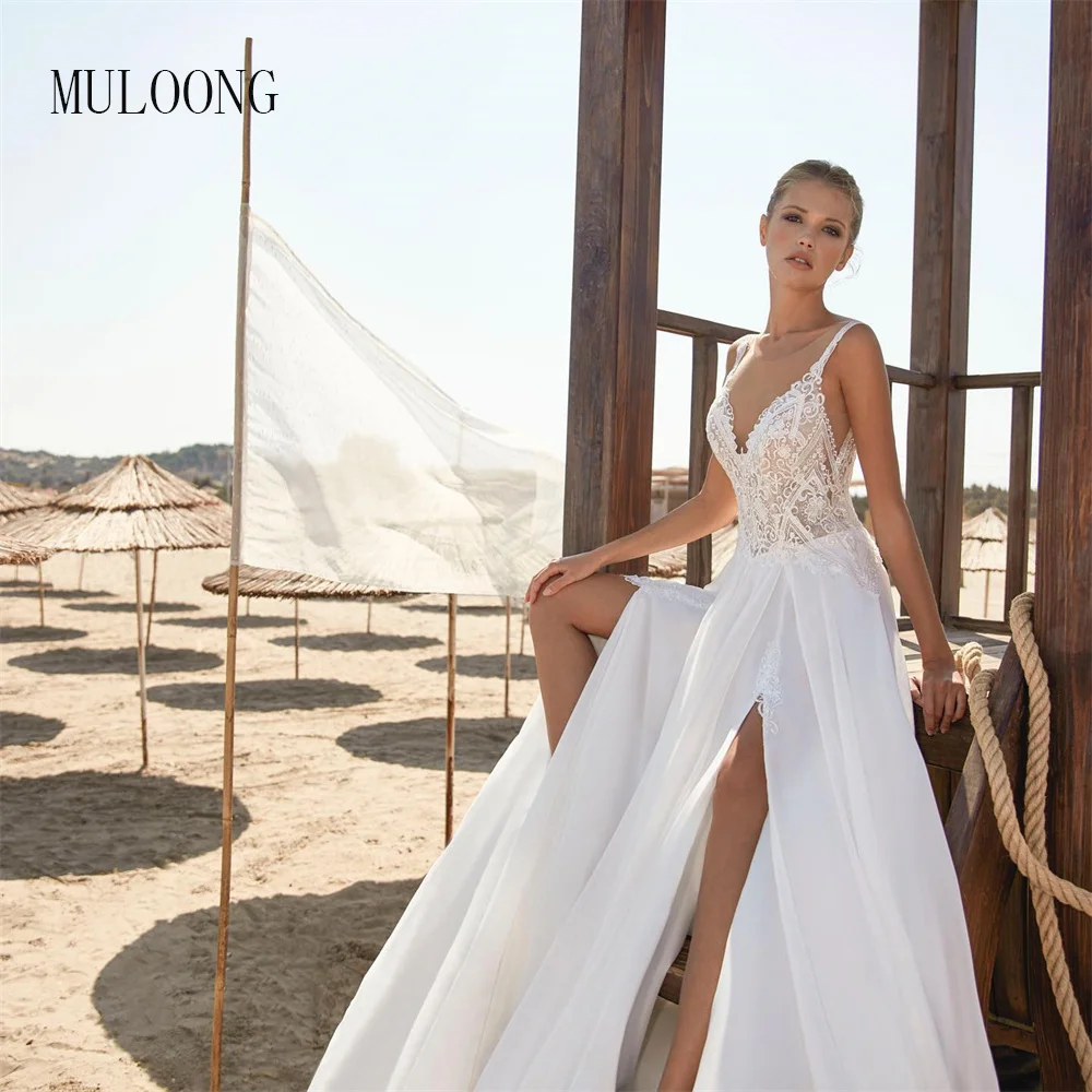 

MULOONG Long White Sweetheart Spaghetti Strap Sleeveless Wedding Dress Backless High Slit Floor Length Gown Vestidos De Novia