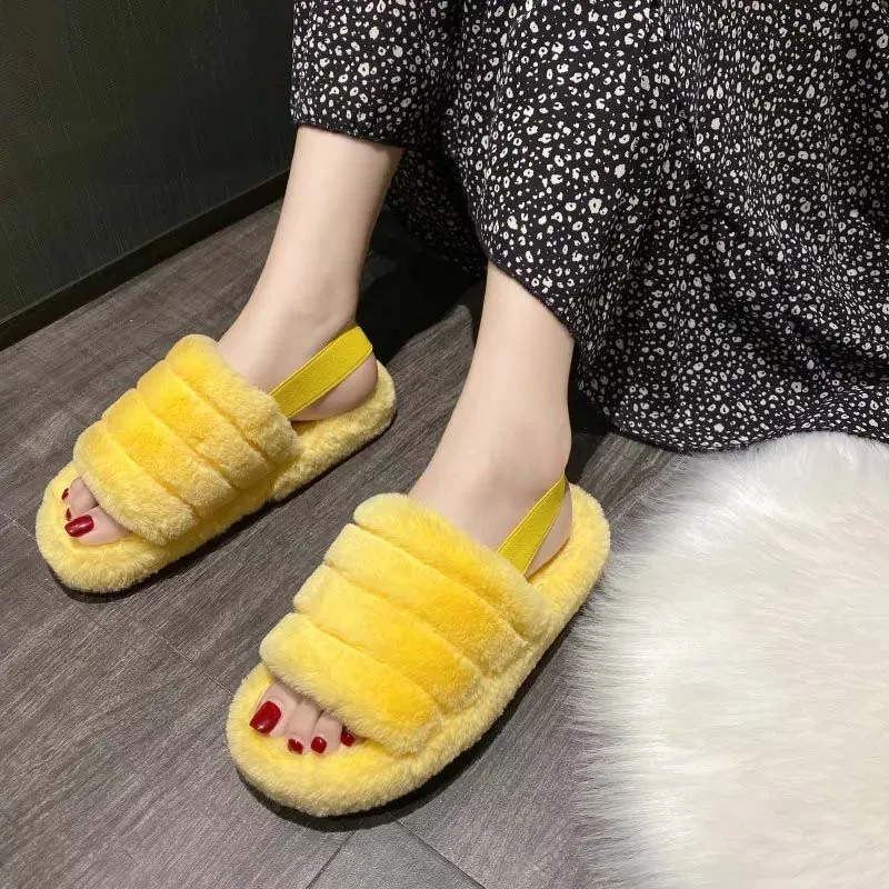 

Winter Keep Warm Women Fur Furry Slippers for Home Fluffy Soft Indoor Slides Thick Flats Heel Non Slip Indoor House Fur Slides