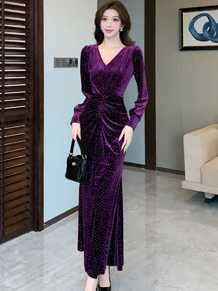 2025 фиолетовое бархатное шикарное платье макси с блестками в горошек женское