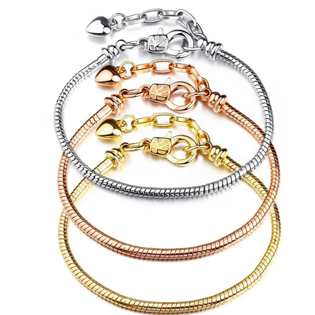 

Romantic Heart Pendant 3mm Snake Bone Chain Copper Bracelet Bangle Gold Silver Plated Valentine's Day Jewelry for Women Girl