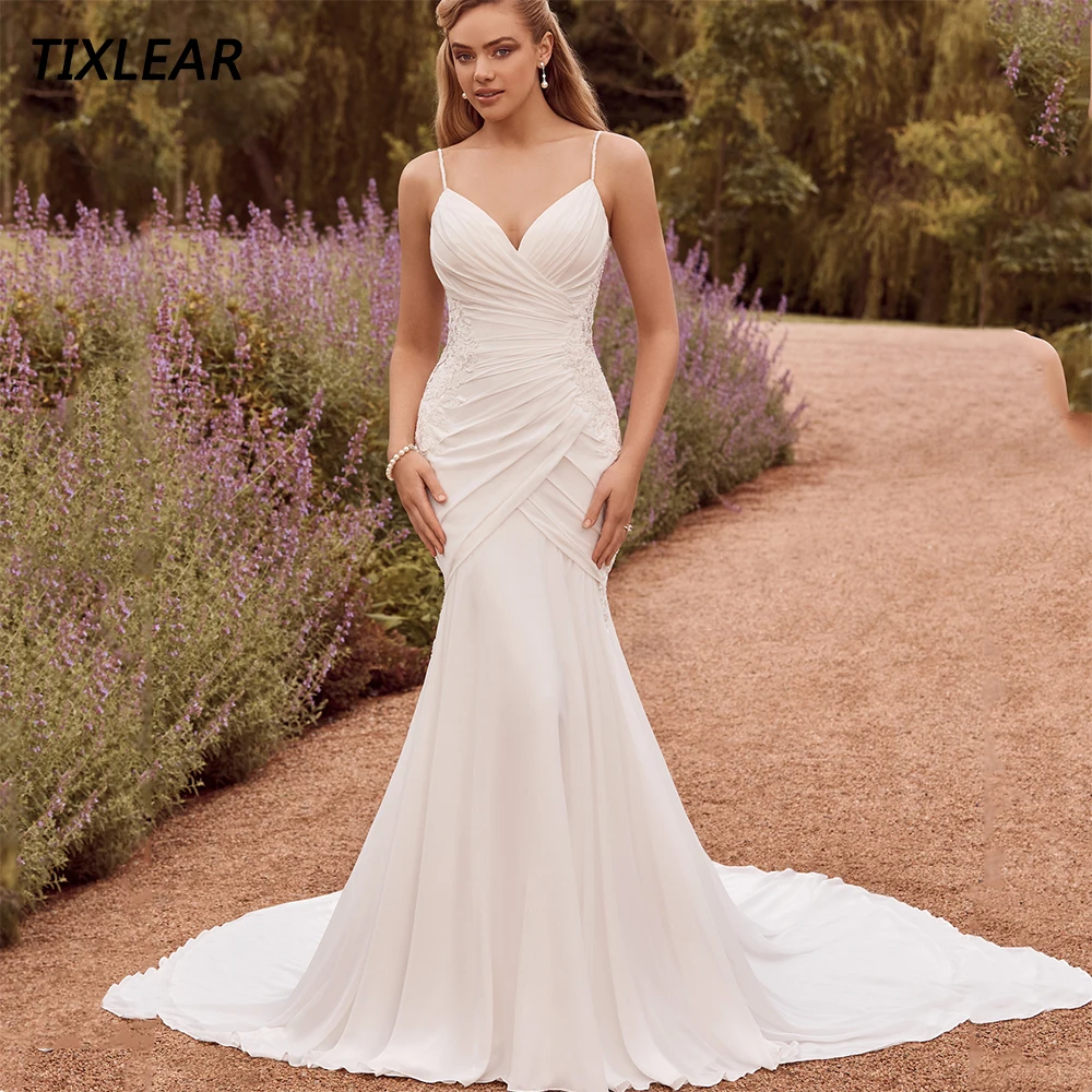 

TIXLEAR Modern Wedding Dresses Sweetheart Spaghetti Straps Lace Appliques Backless Bridal Gown Court Train Vestido De Novia New