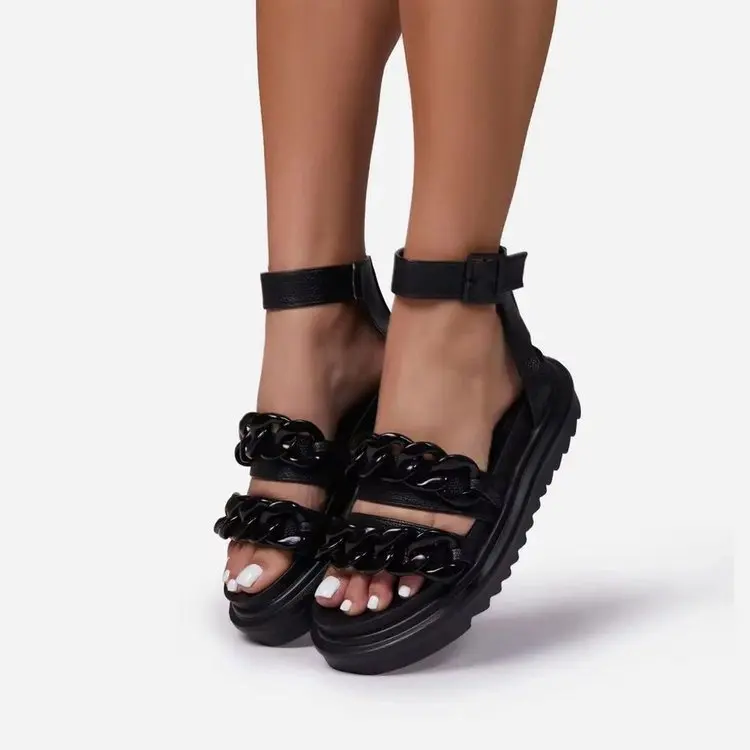 

2021 Women Retro Snake Pattern Weave Chain Metal Sandals Female Platform Buckle Flat Ladies Summer Fashion Shoes Plus Size