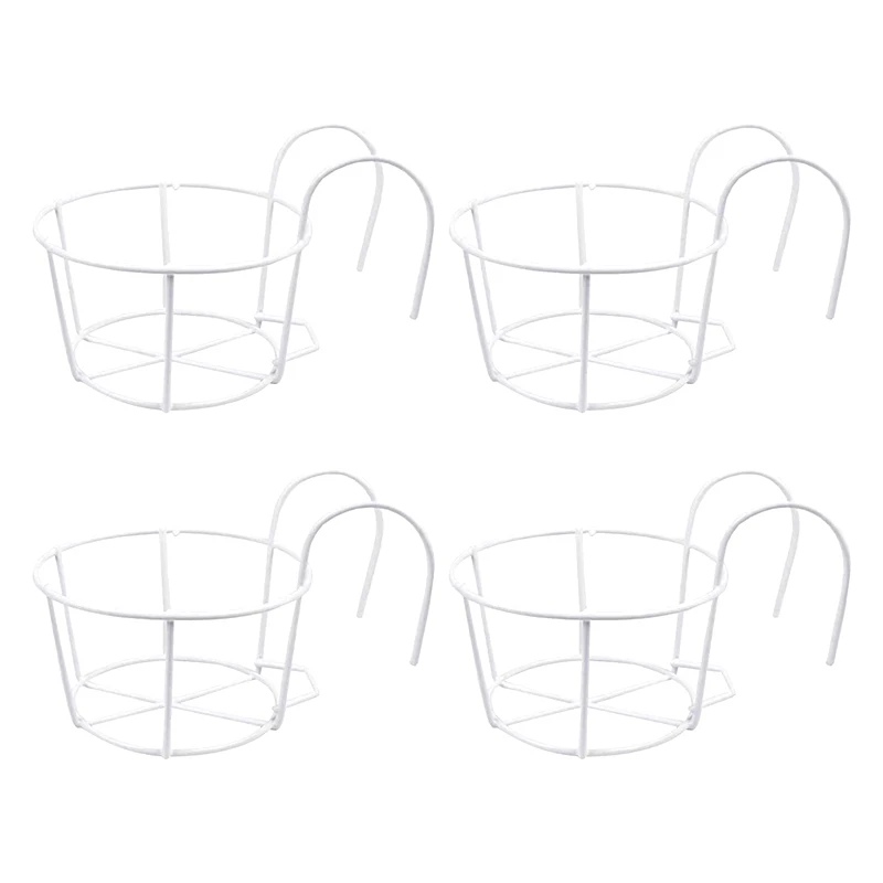 

4 Pack Round Hanging Railing Planters, Flower Pot Holders, Metal Pot Plant Basket, For Indoor And Outdoor Use (White)