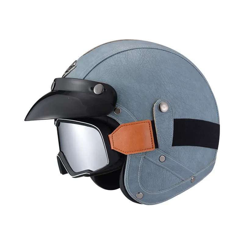 Vintage Blue ABS Retro Helmets Cafe Racer Shell Leather 3/4 Helmet Open Face Motorcycle Capacete De Moto Dot