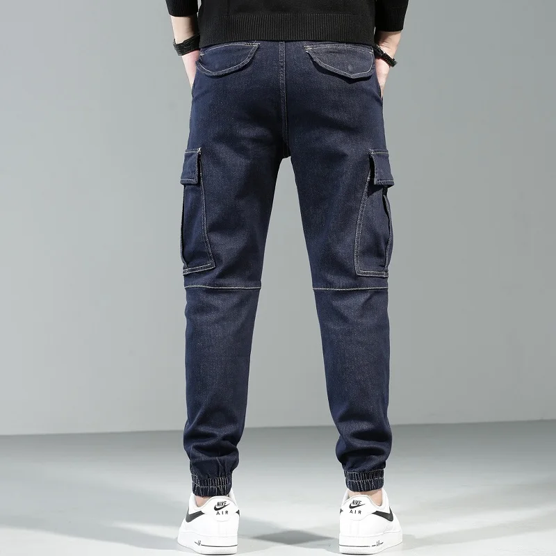 Fashion Jeans Men Cargo Pants Tactical Dark Blue Jean Streetwear Hip Hop Casual Stretch Denim Trousers