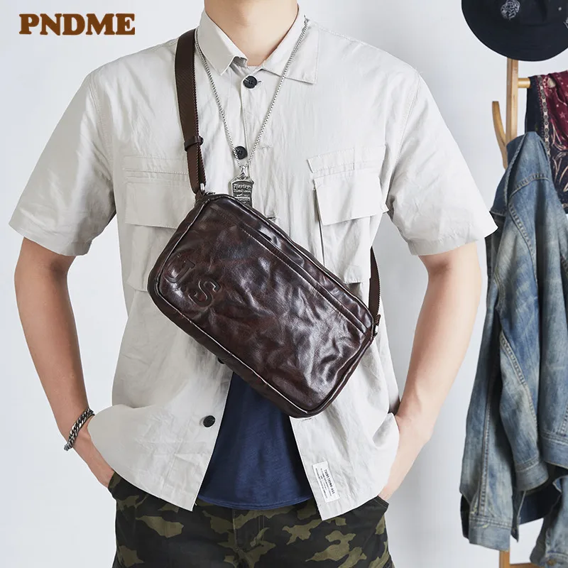 PNDME fashion luxury genuine leather men's chest bag outdoor street daily handmade natural real cowhide teens shoulder bag