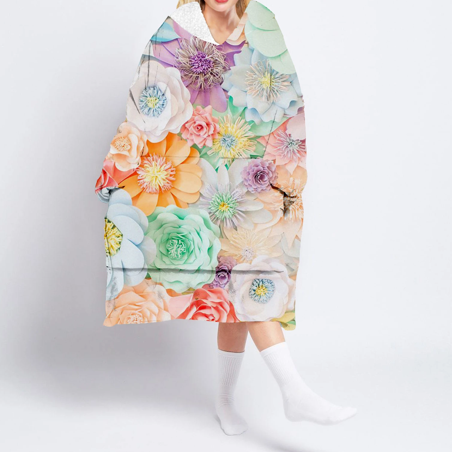 Flower Printed Oversized Hooded Wearable Blanket Hoodie Robes Sherpa 1 Pocket Female Man Sleepwear Nightdress Pajamas