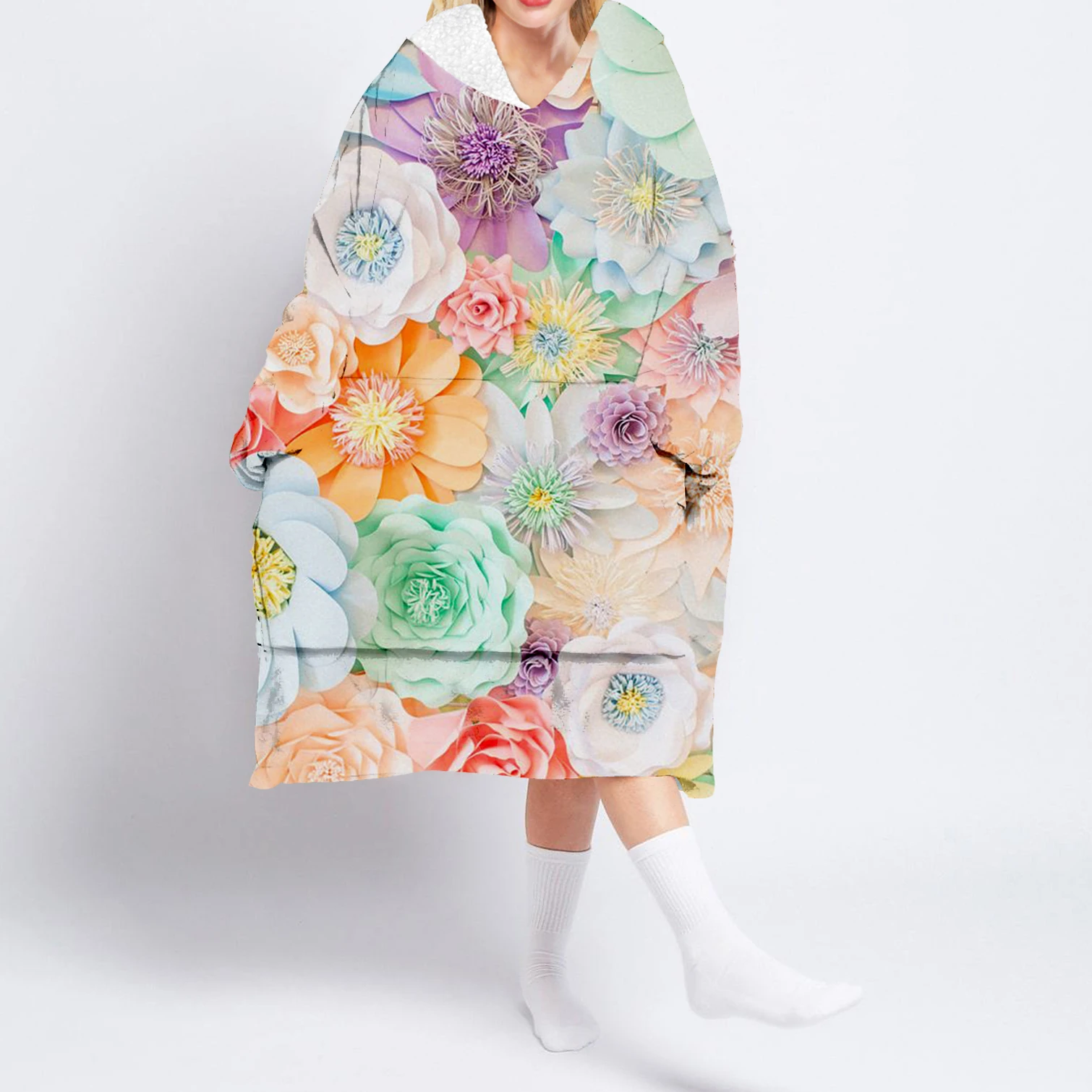 

Flower Printed Oversized Hooded Wearable Blanket Hoodie Robes Sherpa 1 Pocket Female Man Sleepwear Nightdress Pajamas