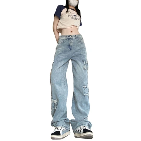95AB модные прямые свободные брюки для женщин и девочек, уличная одежда, джинсы с вышивкой, повседневные брюки с уникальными